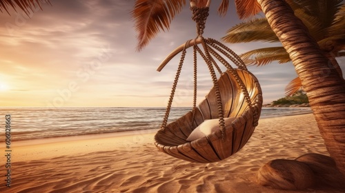 Design of a seaside hammock, swing or shell-style chair on the seashore. Created with AI photo