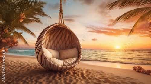 Design of a seaside hammock, swing or shell-style chair on the seashore. Created with AI