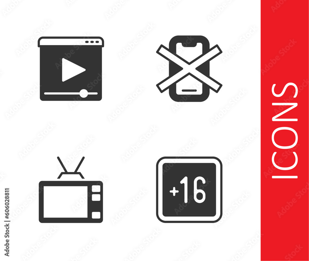 Set Plus 16 movie, Online play video, Retro tv and No cell phone icon. Vector Set Plus 16 movie, Online play video, Retro tv and No cell phone icon. Vector