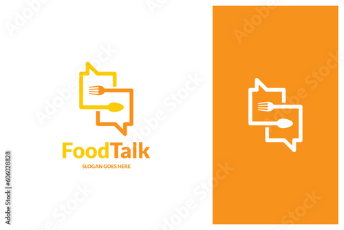 chat bubble, fork, spoon, food talk logo design