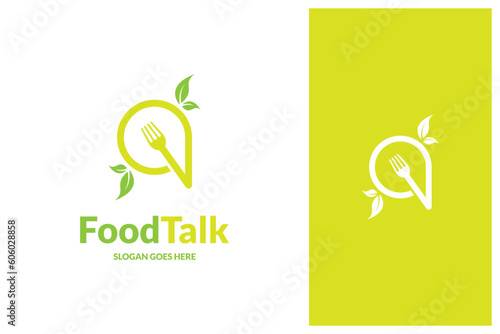 chat bubble, fork, spoon, leaf, food talk logo design