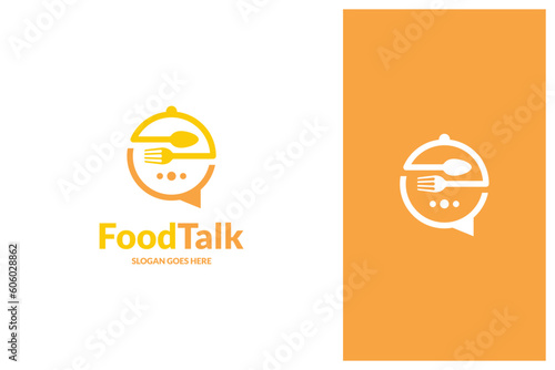 chat bubble, fork, spoon, food talk logo design