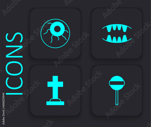 Set Lollipop  Eye  Vampire teeth and Tombstone with cross icon. Black square button. Vector
