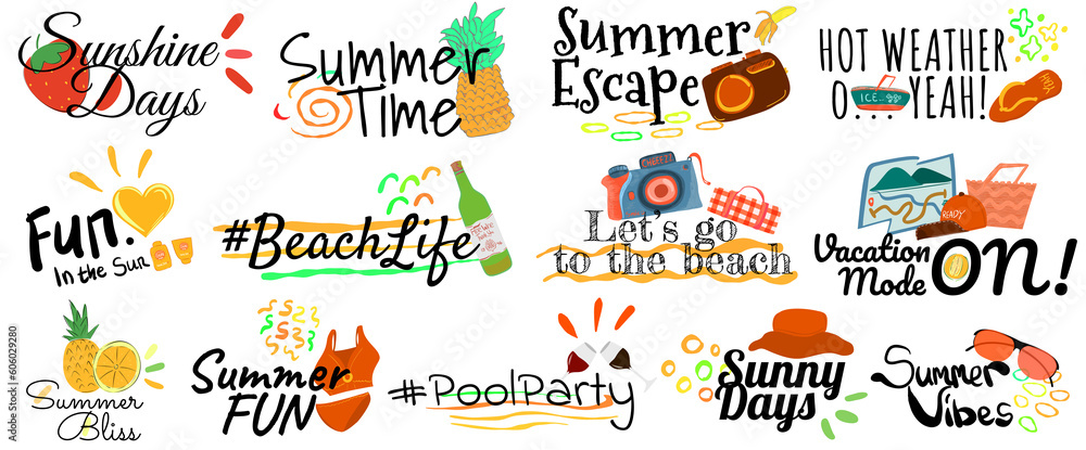 hand drawn vector illustration summer themed labels, logos, and tags, perfect for your vacation, beach, and sun inspired projects. Tropical vibes and fun elements enhance your designs.