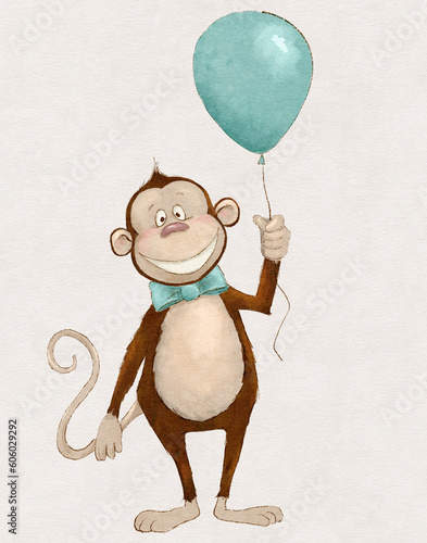 Photography watercolor drawing of a cheerful monkey with a blue balloon and a bow