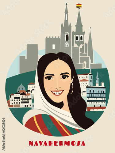 Navahermosa: Beautiful vintage-styled poster with a woman and the name Navahermosa in Castille-La Mancha photo