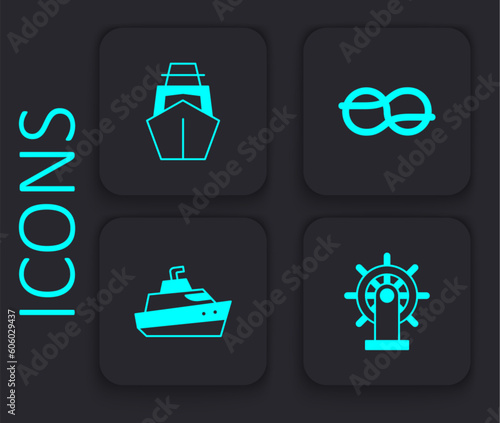 Set Ship steering wheel, Yacht sailboat, Nautical rope knots and Speedboat icon. Black square button. Vector