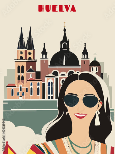 Huelva: Beautiful vintage-styled poster with a woman and the name Huelva in Andalusia