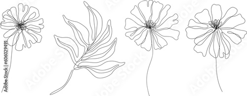 Abstract flowers isolated illustration. Wildflowers for background. Botanical art. Simple minimalist art set. Continuous line drawing.