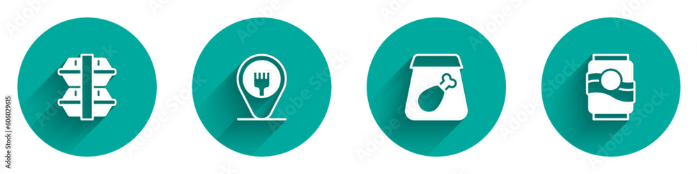 Set Lunch box, Cafe and restaurant location, Online ordering meal and Soda can icon with long shadow. Vector Set Lunch box, Cafe and restaurant location, Online ordering meal and Soda can icon with long shadow. Vector