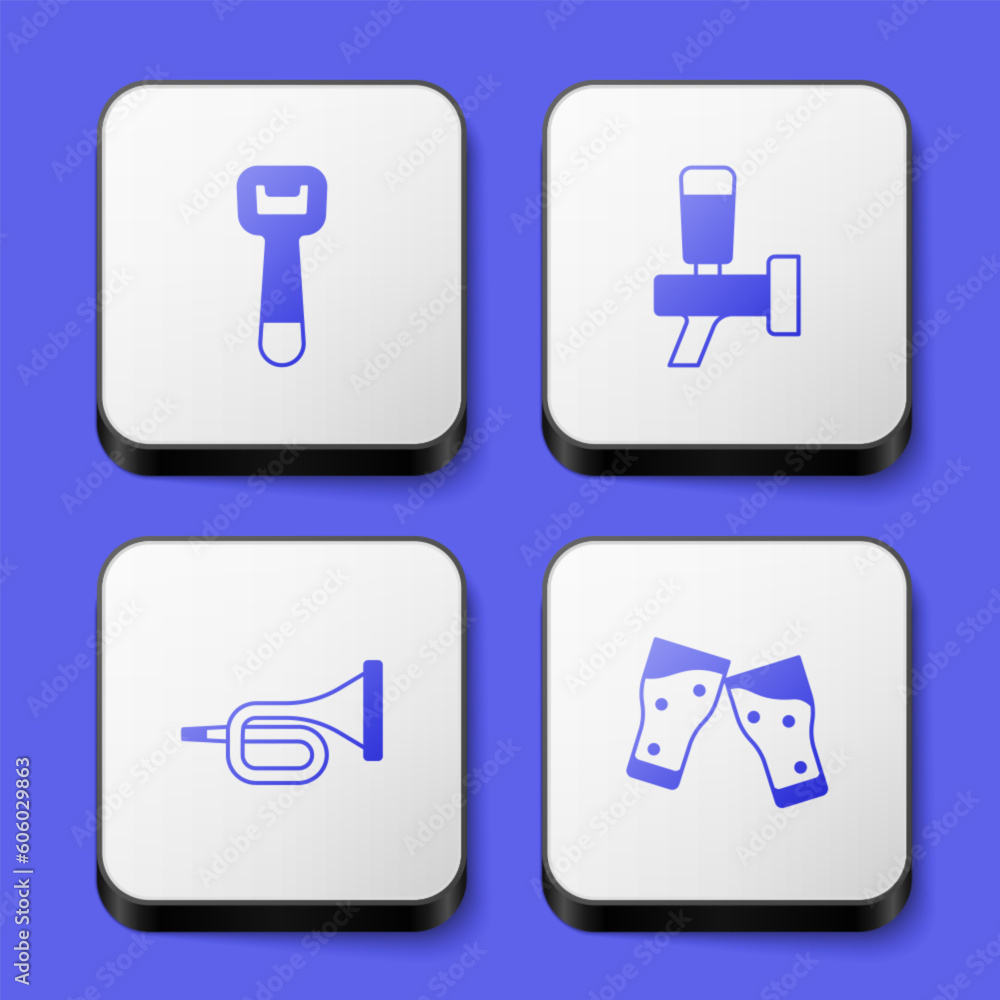 Set Bottle opener, Beer tap, Trumpet and Glass of beer icon. White square button. Vector Set Bottle opener, Beer tap, Trumpet and Glass of beer icon. White square button. Vector