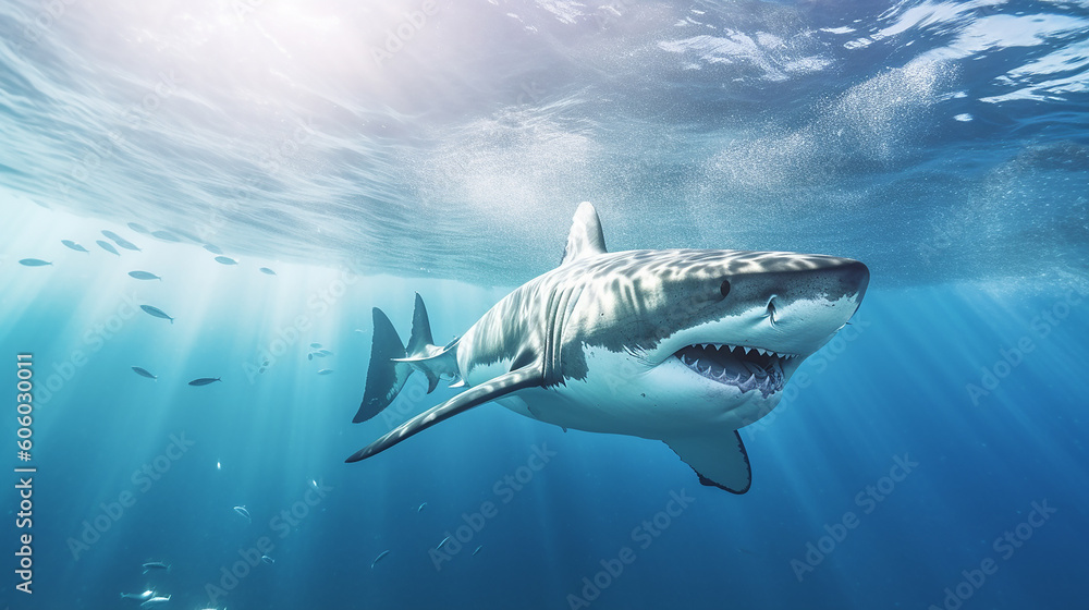 Fototapeta premium white shark swimming in the ocean, Generative AI