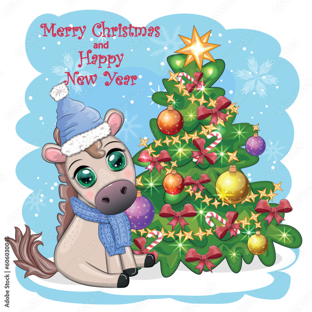 Naklejka premium Cute horse, pony in Santa's hat with candy kane, Christmas ball, gift, ice skating. Winter is coming