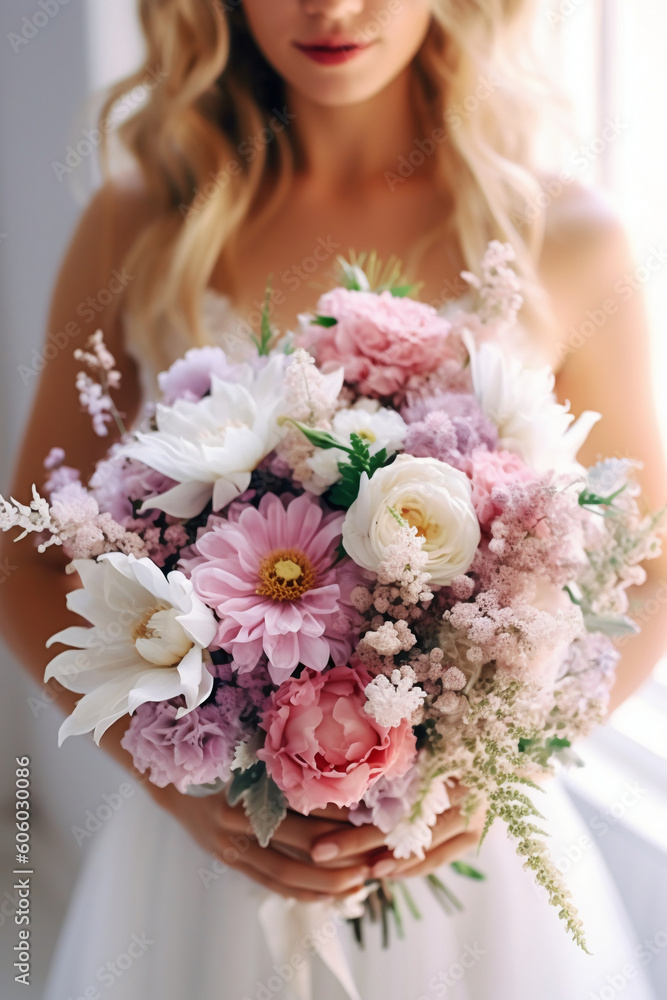 Real flowers for wedding in shades of pink and white bride holding it in her hands. AI generative
