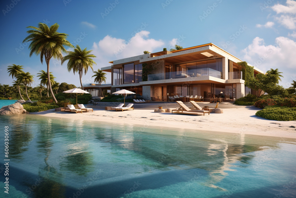 A panoramic photograph of a luxurious beachfront villa, featuring a ...
