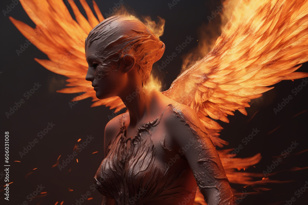 Fantasy concept. Human silhouette rises like Phoenix from ashes with ...