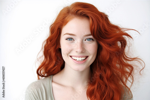 Portrait of Young red hair Woman Smiling Cheerfully and white background 