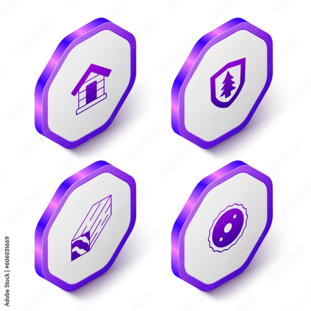 Set Isometric Dog house, Shield with tree, Wooden beam and Circular saw blade icon. Purple hexagon button. Vector Set Isometric Dog house, Shield with tree, Wooden beam and Circular saw blade icon. Purple hexagon button. Vector