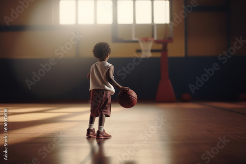 Dribbling small boy plays basketball - generative ai © Kamil