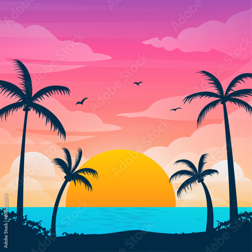 Sunset background on the beach with palm trees background landscape © AinStory