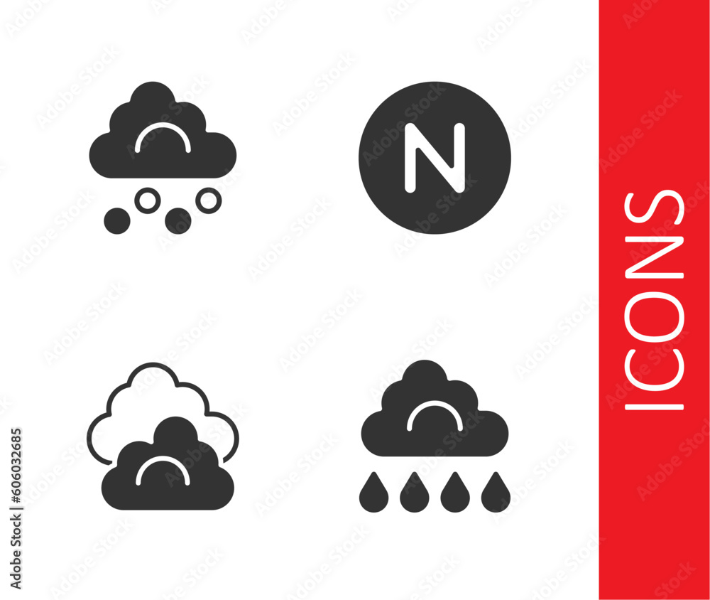 Set Cloud with rain, Hail cloud, and Compass north icon. Vector Set Cloud with rain, Hail cloud, and Compass north icon. Vector