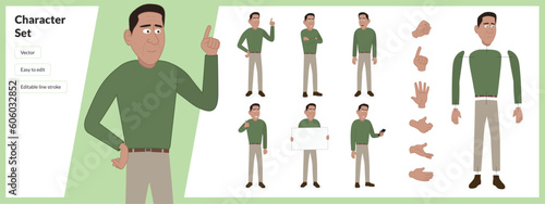 Illustration of Latin American man, wearing business casual clothing in a set of multiple poses. Easy to edit with editable line strokes and isolated on white background. Suitable for animation.