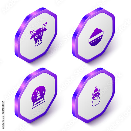 Set Isometric Reindeer, Christmas ball, snow globe and Santa Claus hat and beard icon. Purple hexagon button. Vector