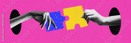 Banner with two human hands holding pieces of puzzles and going to unit it, wants to cooperate and making deal over pink background. Contemporary art collage photo