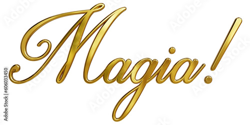 Ilustração 3D da palavra "Magia!" em letras cursivas douradas.