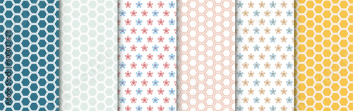 Set of minimal geometric seamless patterns, in different colors. Collection of backgrounds with abstract shapes of honeycomb meshes and flowers