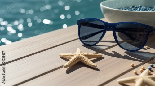 Summer sunglasses on wooden table