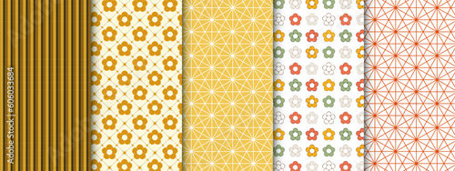 Set of geometric seamless patterns, in bright warm yellow and red colors. Collection of backgrounds with abstract shapes of flowers, stripes, meshes and tangles