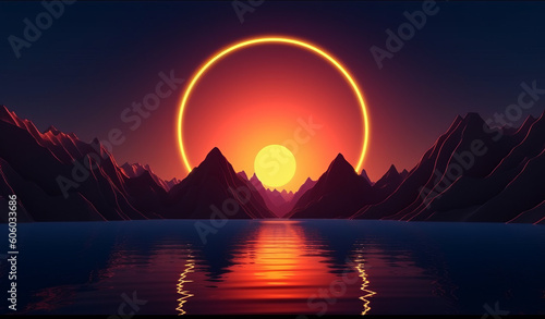 Enchanting Landscape: A Mystic Sunrise/Sunset with Geometric Shapes and Neon Glow, Generative AI.