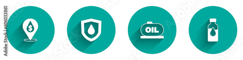 Set Oil drop with dollar symbol, on shield, tank storage and petrol test tube icon with long shadow. Vector