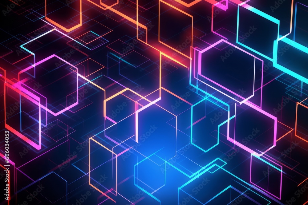 Technology Creates Neon Glowing Lights in Square and Rectangle Shapes, Reflecting on a Dark Surface in Abstract Background, Generative AI. Technology Creates Neon Glowing Lights in Square and Rectangle Shapes, Reflecting on a Dark Surface in Abstract Background, Generative AI.