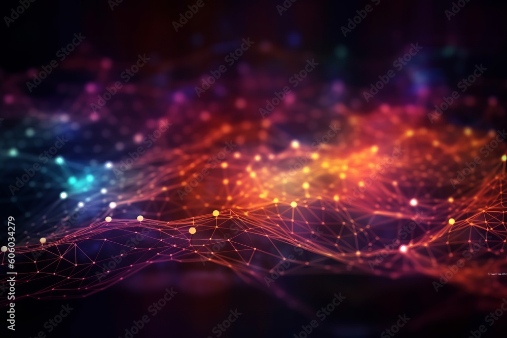 Abstract Technology Background with Colorful Bokeh and Digital Line Dots: A Creative Graphic Art Design Generated by AI, Generative AI. Abstract Technology Background with Colorful Bokeh and Digital Line Dots: A Creative Graphic Art Design Generated by AI, Generative AI.