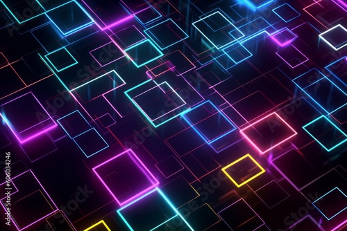Technology Creates Neon Glowing Lights in Square and Rectangle Shapes, Reflecting on a Dark Surface in Abstract Background, Generative AI.