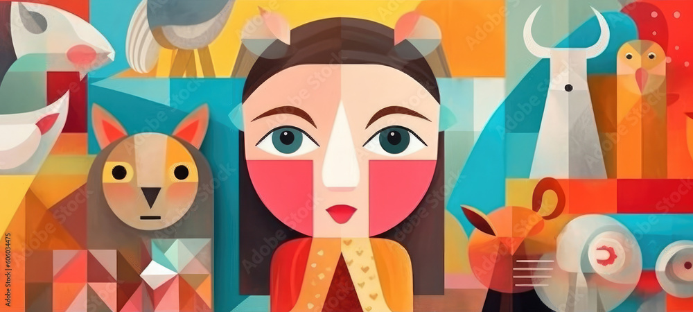 Fototapeta premium Colorful illustration with cute animals in cubism style for Children's Day