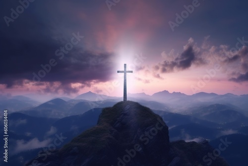 Christian cross shining in mountain and sky