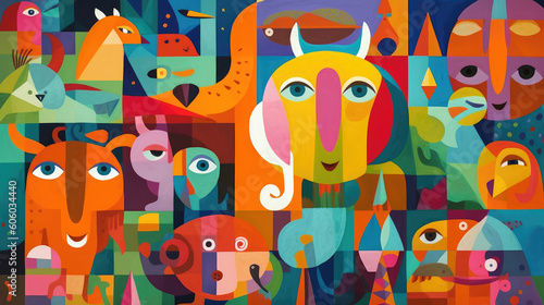 Colorful illustration with cute animals in cubism style for Children's Day