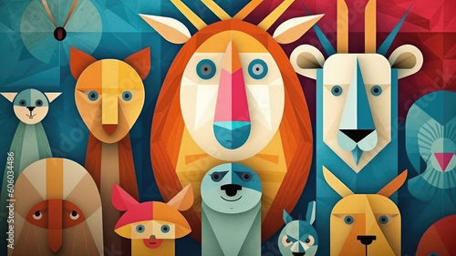 Colorful illustration with cute animals in cubism style for Children's Day