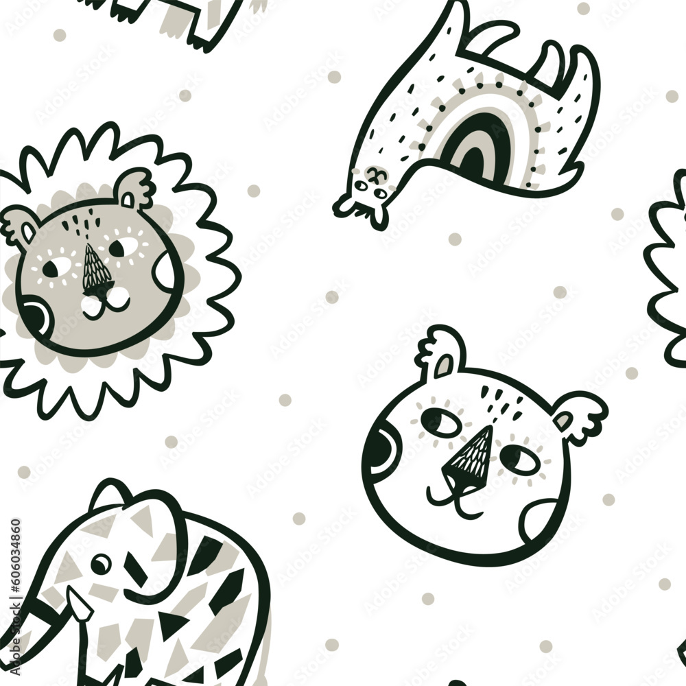 Vector seamless pattern with cute llama, elephant, lion and bear faces. Simple contemporary style Vector seamless pattern with cute llama, elephant, lion and bear faces. Simple contemporary style