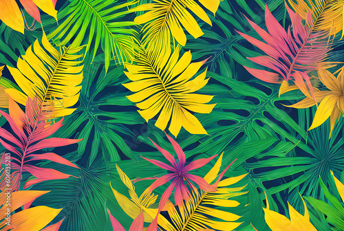 Tropical leaves flowers flat golden ink neon.