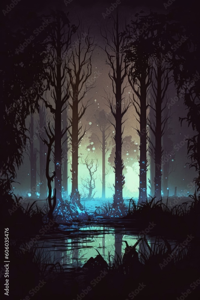 Obraz premium mysterious dark forest with mystic light at night, illustration, Generative AI