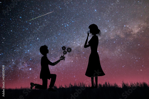 Against the background of the starry sky, a man with a bouquet of flowers confesses his love to a woman. photo