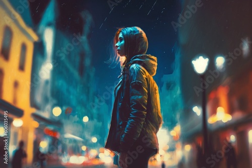 young woman standing in night city, illustration painting, Generative AI