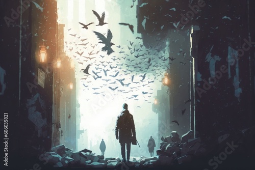 man walking in abandoned city alley with flock of birds, illustration painting, Generative AI