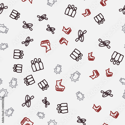 Set line Bowling pin, Kayak and paddle, Punch boxing gloves and Skates on seamless pattern. Vector