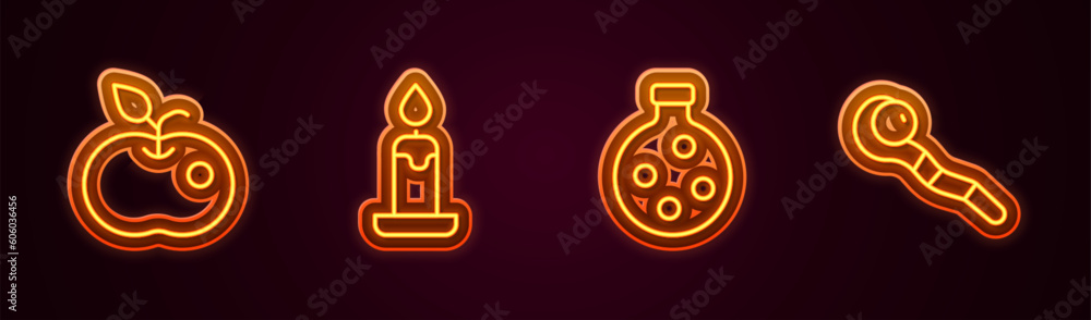 Set line Poison apple, Burning candle, Bottle with potion and Magic staff. Glowing neon icon. Vector Set line Poison apple, Burning candle, Bottle with potion and Magic staff. Glowing neon icon. Vector