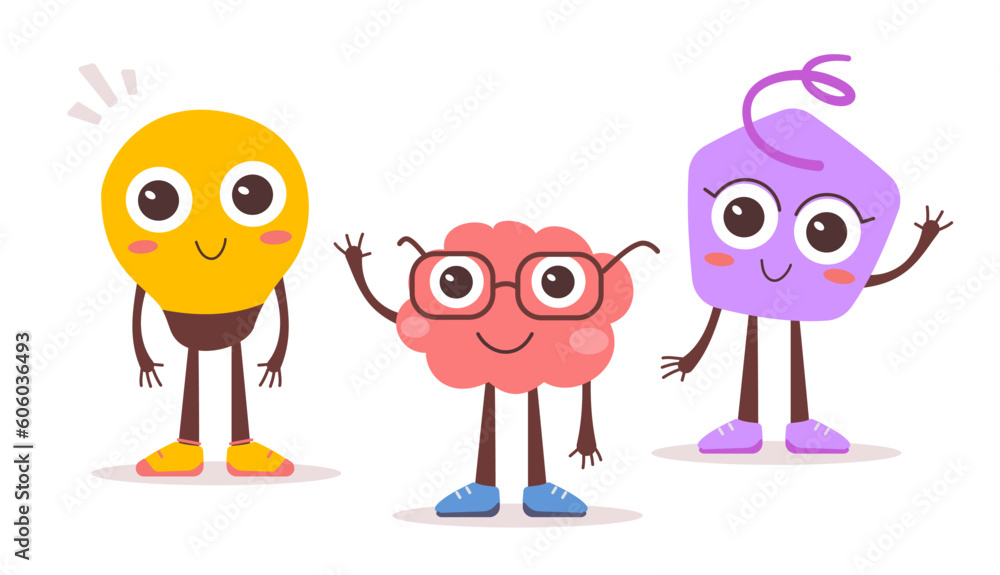 Vector illustration of happy kid character team on white color background. Flat style design of brain, light bulb and shape character friend Vector illustration of happy kid character team on white color background. Flat style design of brain, light bulb and shape character friend